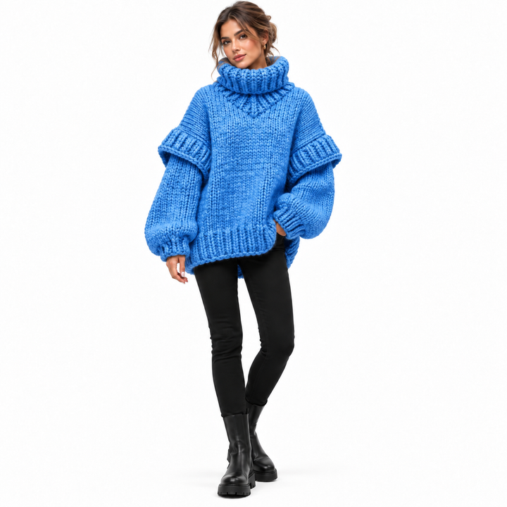 Blue chunky knit turtleneck sweater on model, full front variant view