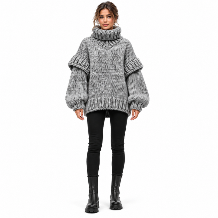 Gray oversized turtleneck sweater on model, straight full front view
