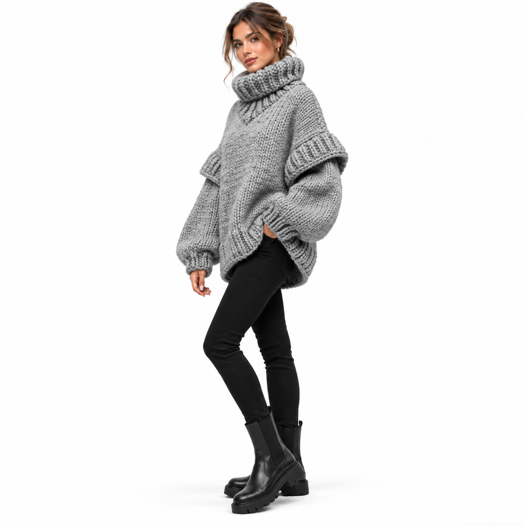 Gray chunky knit sweater on model, full three-quarter side view
