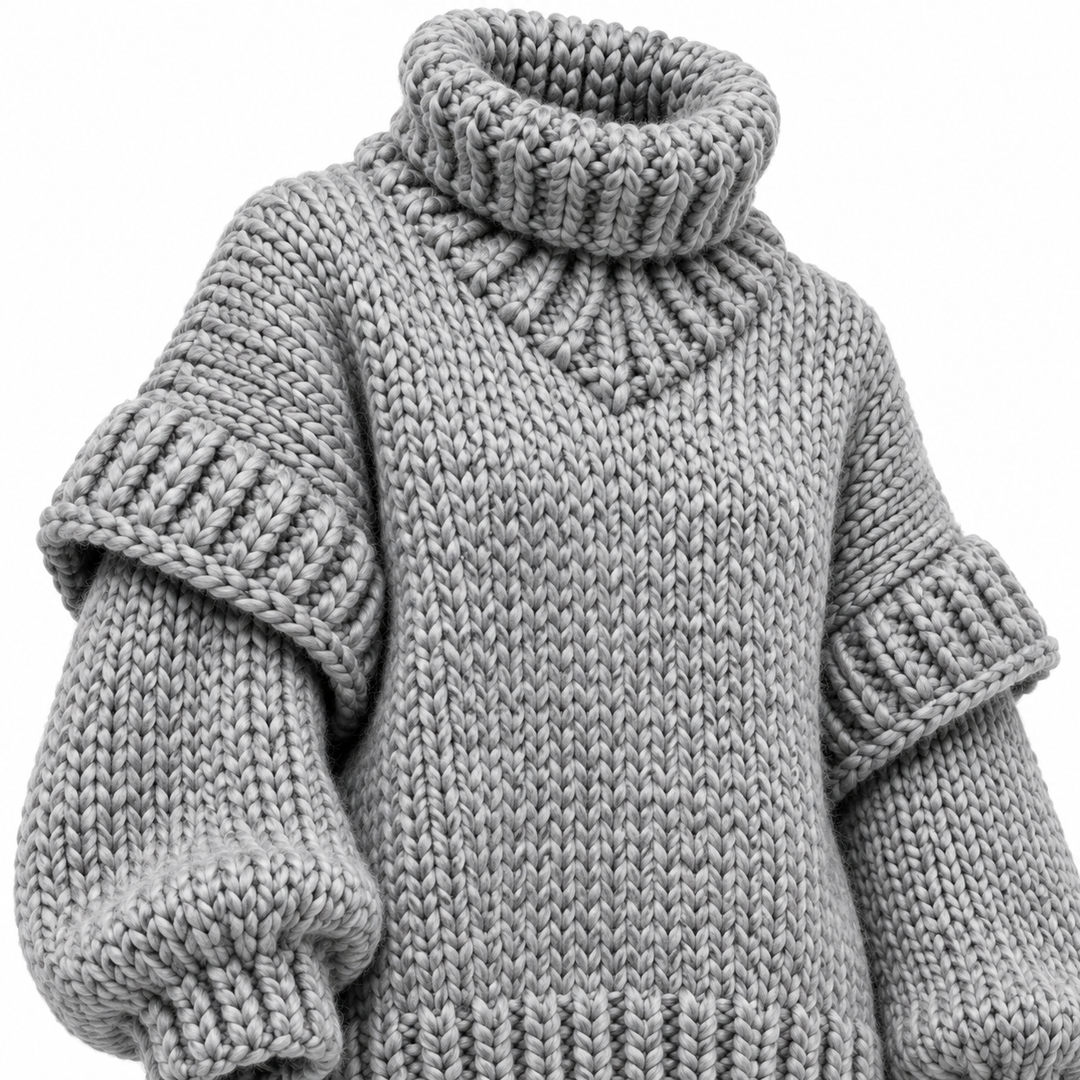 Gray chunky knit sweater close-up showing ribbed turtleneck and layered sleeves