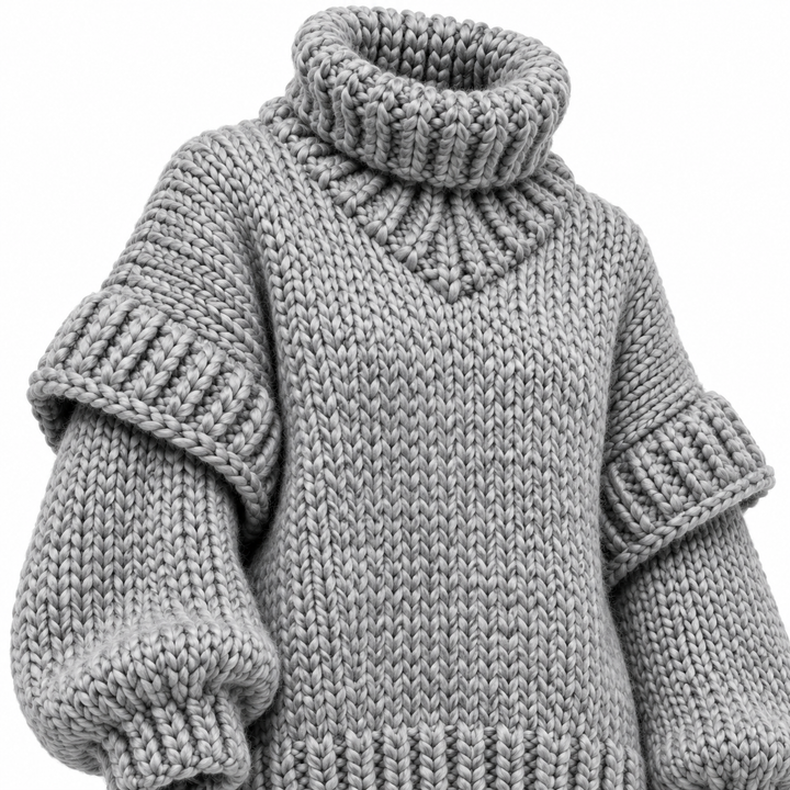 Gray chunky knit sweater close-up showing ribbed turtleneck and layered sleeves