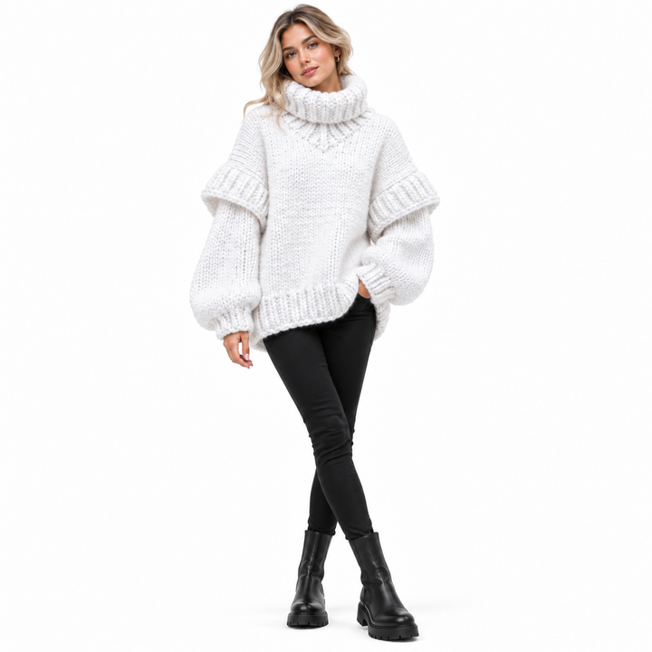 White chunky knit turtleneck sweater on second model, full front view