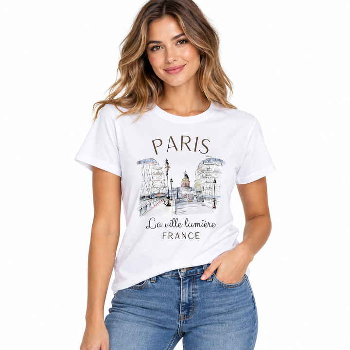 Paris graphic T-shirt for women shown on a different model in white with city illustration crew neck and casual denim styling