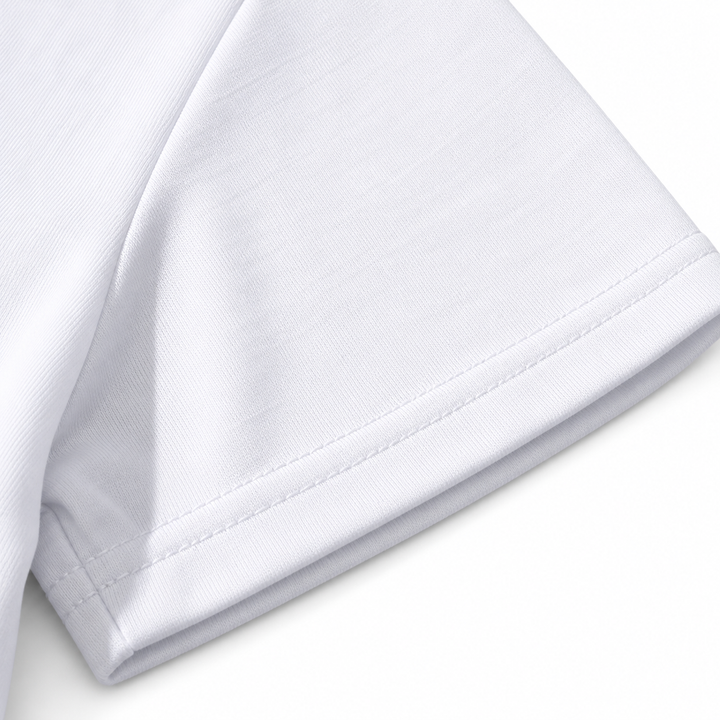 Close-up of white Paris T-shirt sleeve hem and stitching, showing fabric texture and precise construction on a clean backdrop