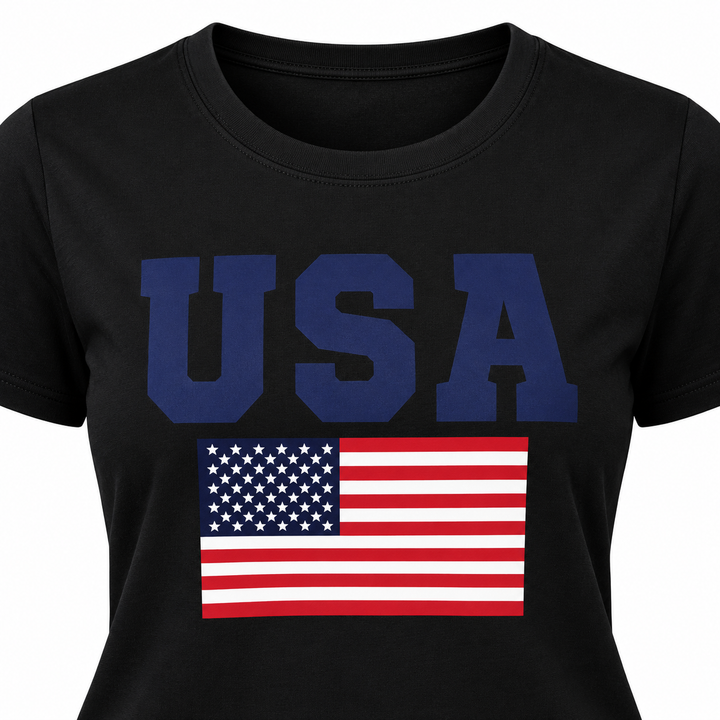 Black USA flag graphic T-shirt close-up showing the front print and neckline.