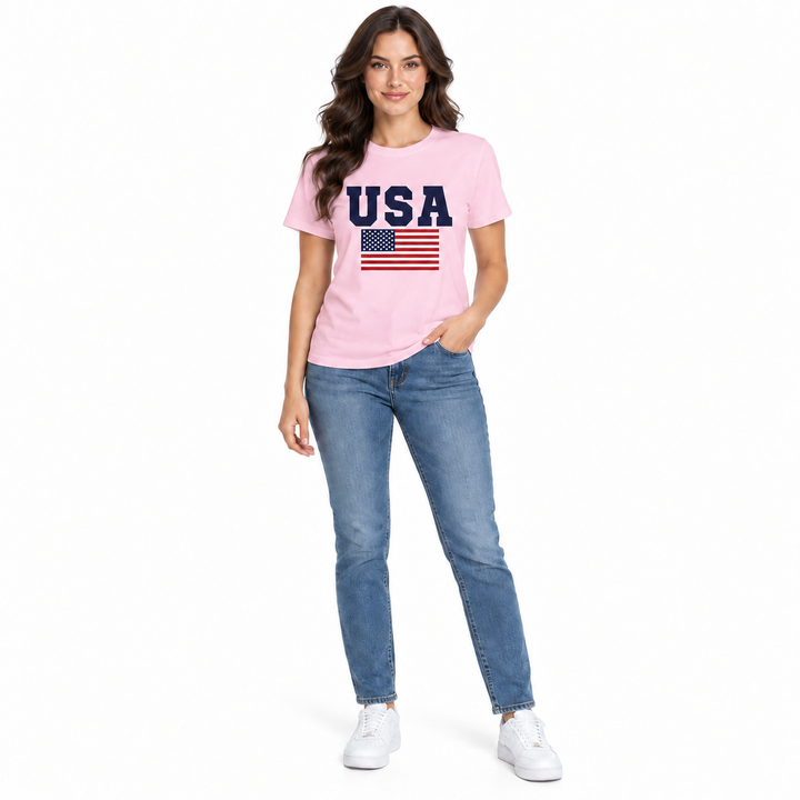 Pink USA flag graphic T-shirt on a full-body model, front view.