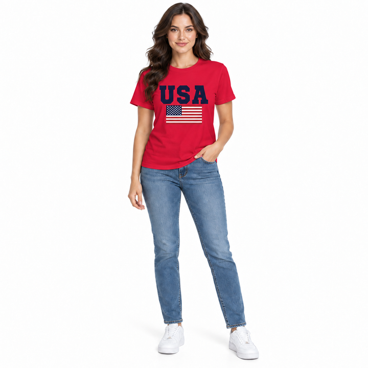 Red USA flag graphic T-shirt on a full-body model, front view.