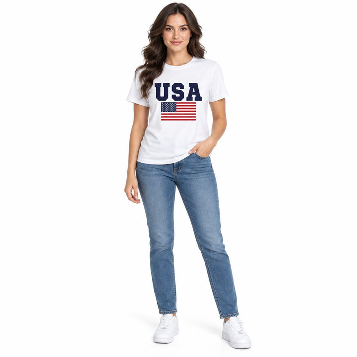 White USA flag graphic T-shirt on a full-body model, front view.