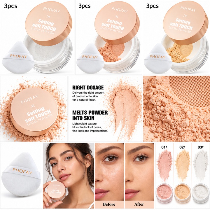 Loose setting powder product set with PHOFAY jar, puff and shade views