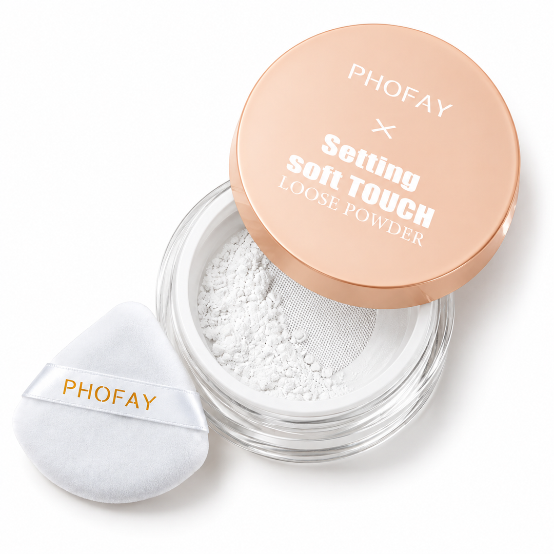 Loose setting powder by PHOFAY with puff in a clean studio view