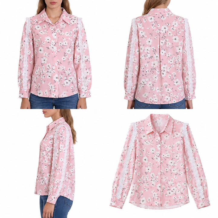 Multi-view presentation of floral blouse shows front, back and side angles with collar, buttons and lace-trimmed long sleeves