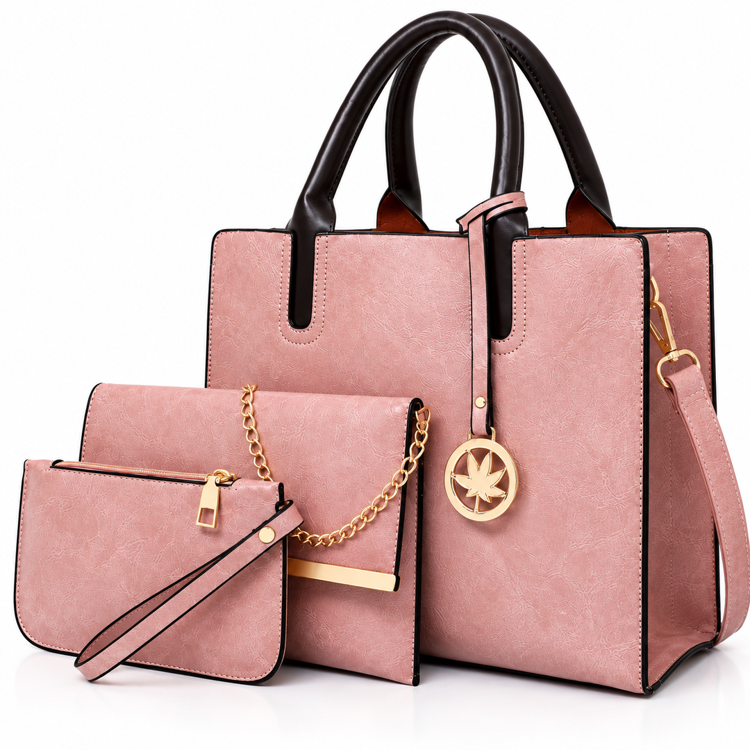Pink PU handbag set - texture, stitching and gold hardware detail