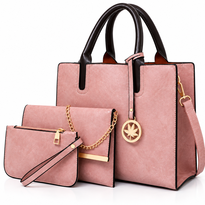 Pink PU handbag set - texture, stitching and gold hardware detail