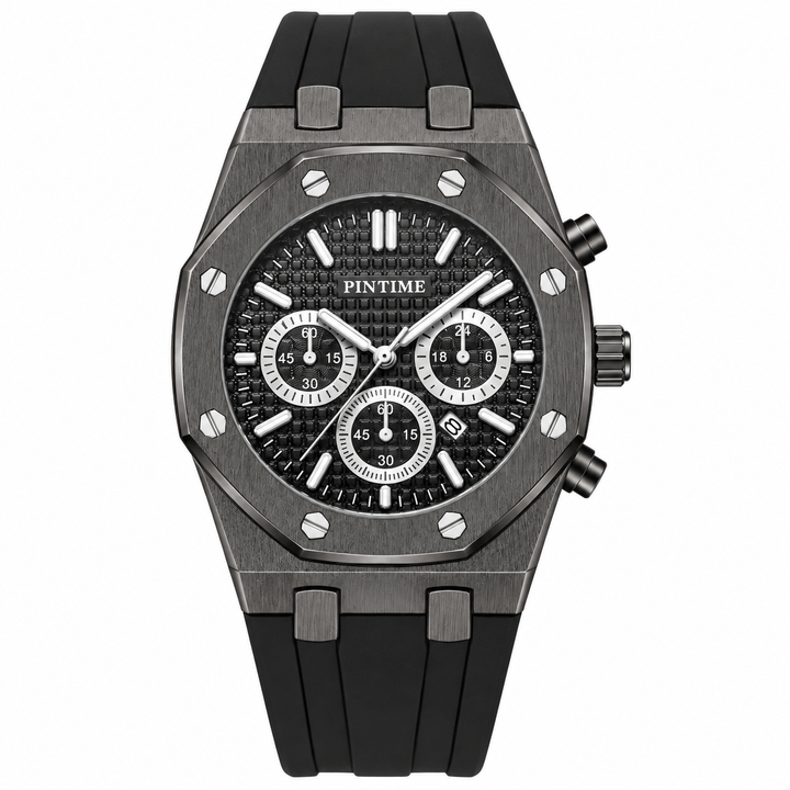PINTIME black case black dial quartz watch front view