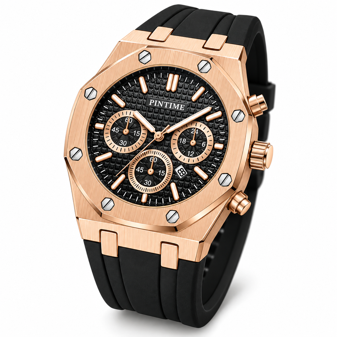 PINTIME rose gold case black dial quartz watch front angle