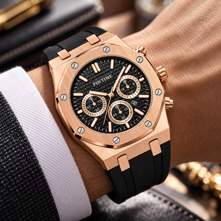 PINTIME rose gold case black dial quartz watch worn on wrist