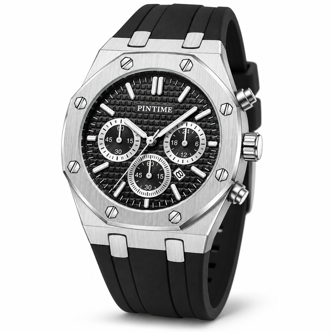 PINTIME silver case black dial quartz watch front angle