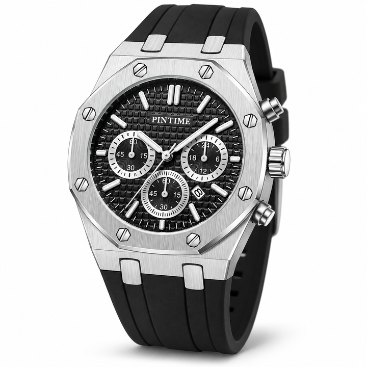 PINTIME silver case black dial quartz watch front angle
