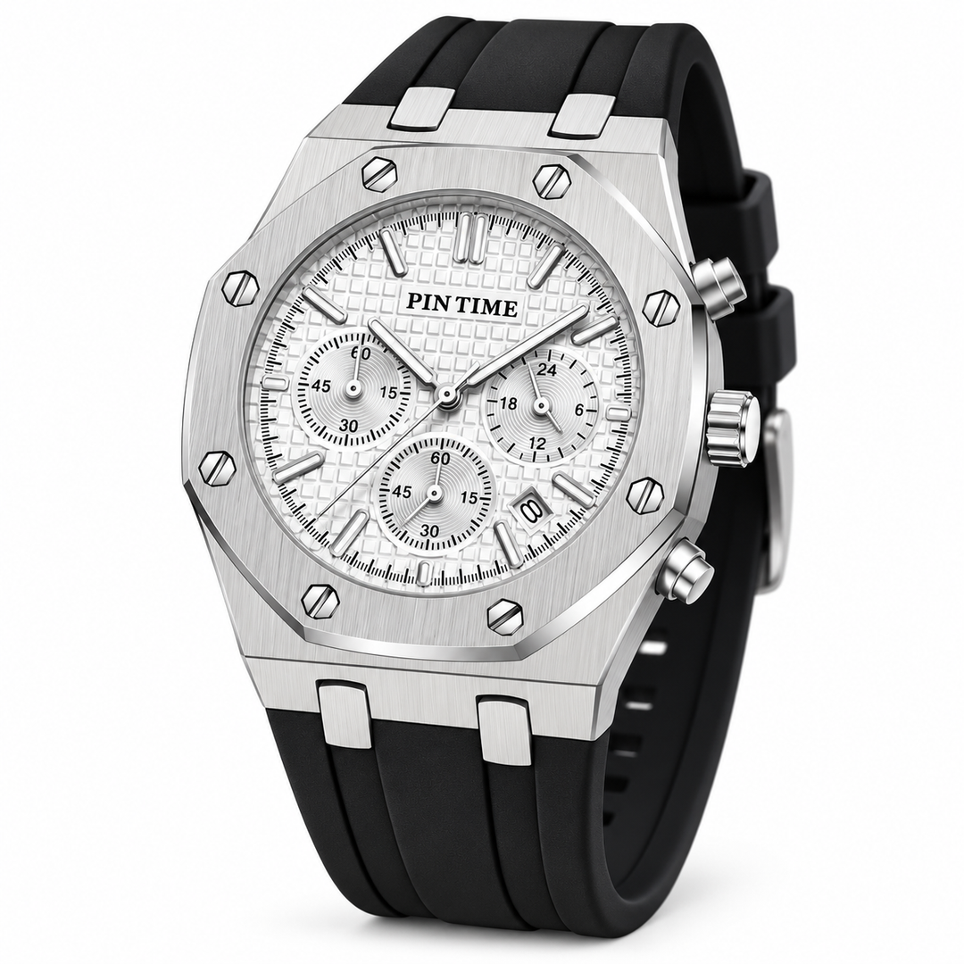 PINTIME silver case white dial quartz watch front angle
