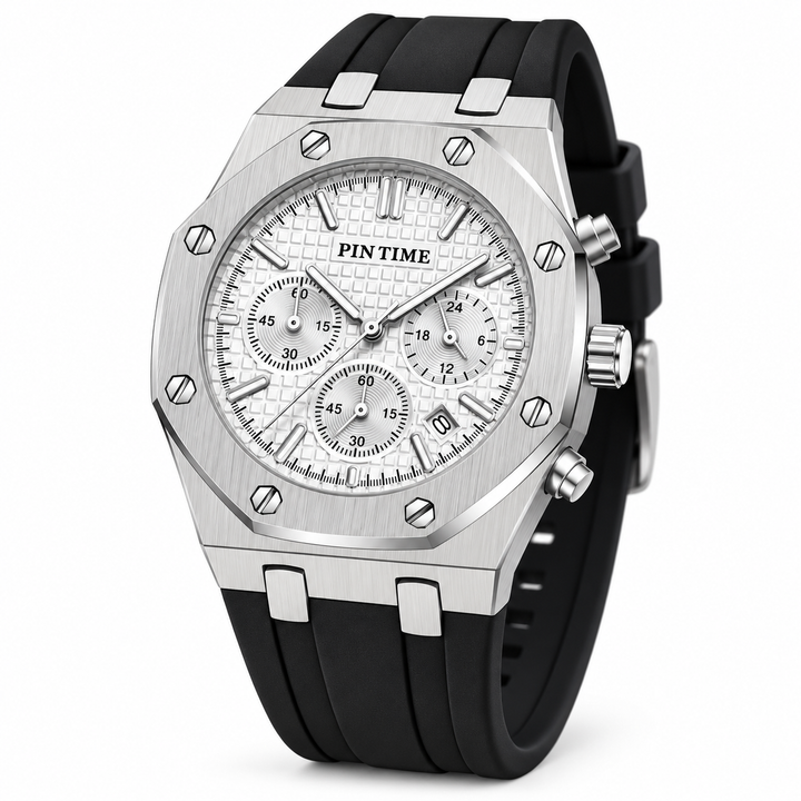 PINTIME silver case white dial quartz watch front angle