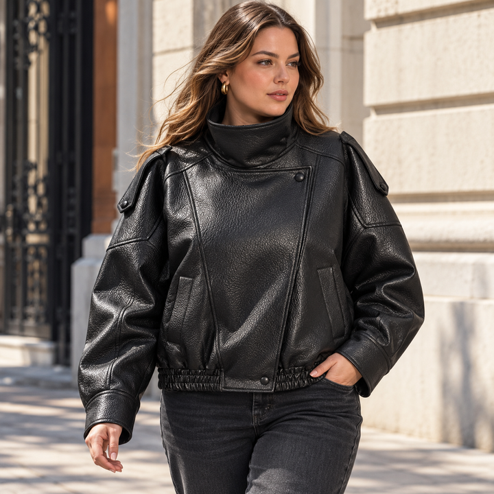 Black plus size faux leather jacket worn on a city walk, showing a zip front, long sleeves and moto-inspired fashion styling.