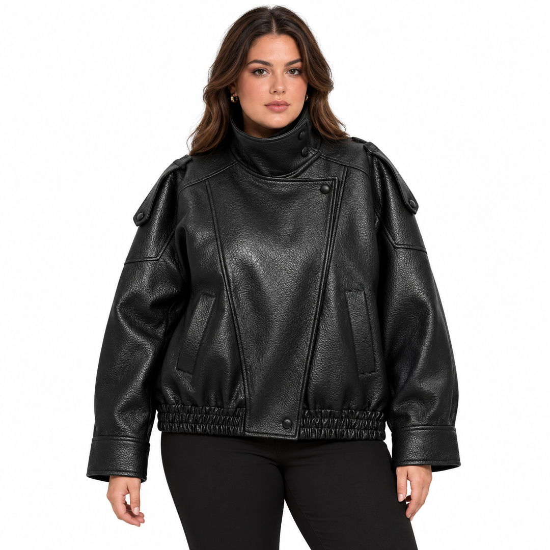 Plus size faux leather jacket in Black on a white background, front view showing the stand collar, angled zipper and pockets.