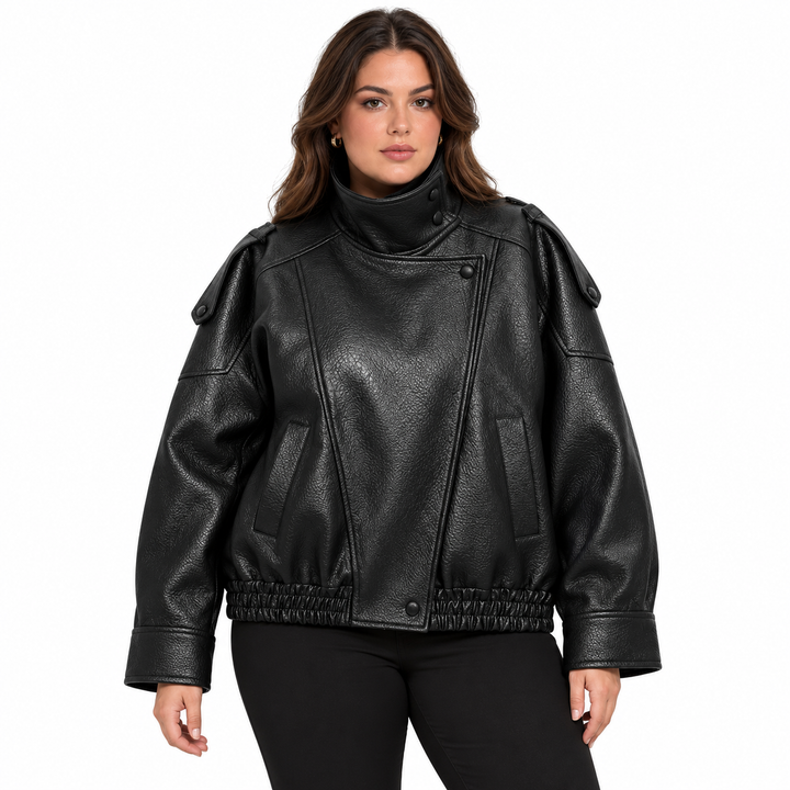 Plus size faux leather jacket in Black on a white background, front view showing the stand collar, angled zipper and pockets.