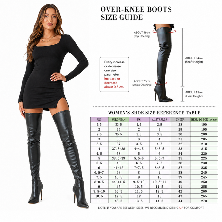 Over-knee boots size guide with model, boot measurements and women&