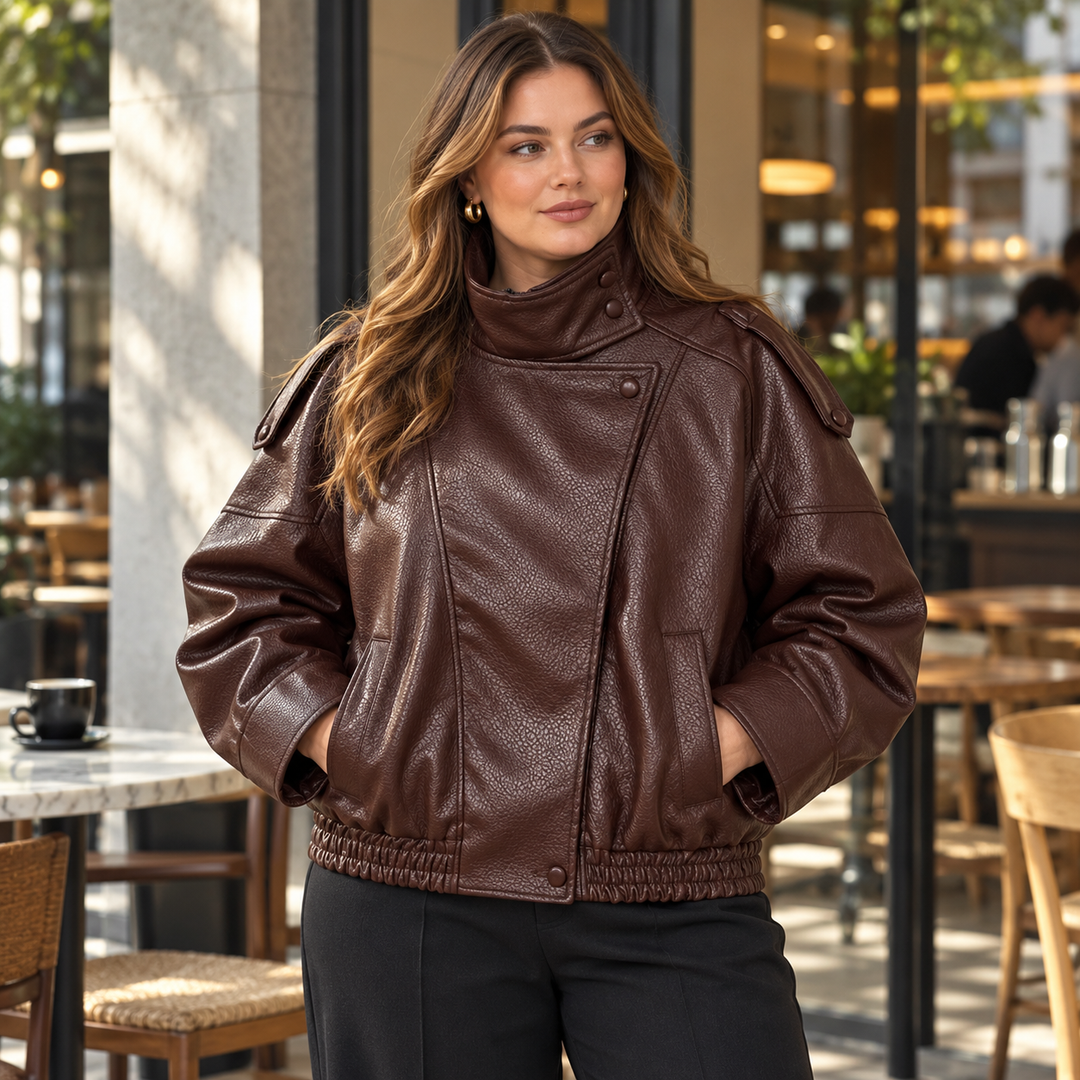 Coffee Brown plus size jacket worn at a cafe, showing a raised stand collar, textured front and easy everyday outfit styling.
