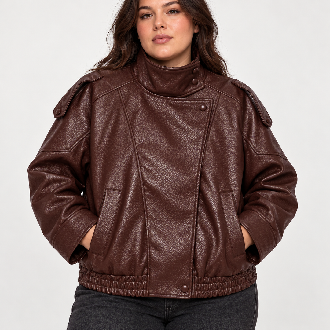 Coffee Brown jacket close-up showing an angled front panel, high collar, pockets and zip detail in the listed product design.