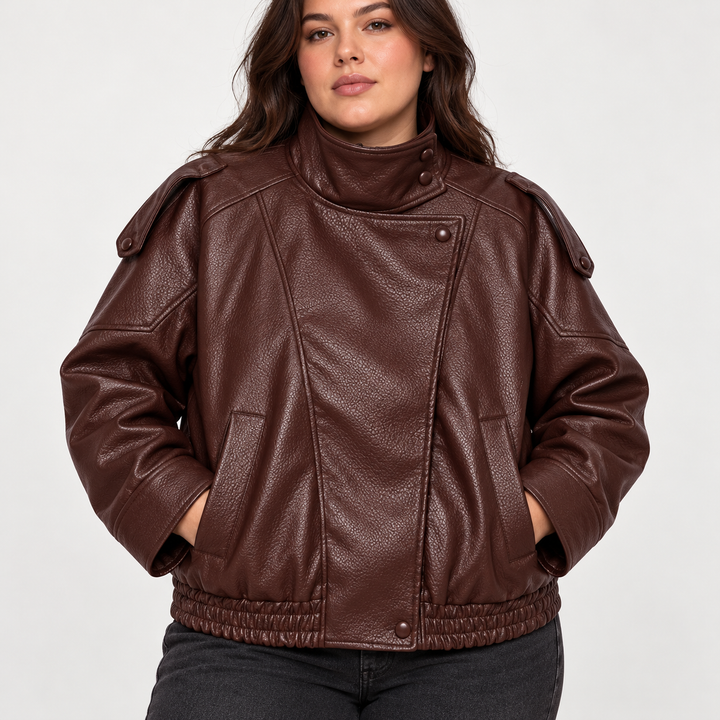 Coffee Brown jacket close-up showing an angled front panel, high collar, pockets and zip detail in the listed product design.