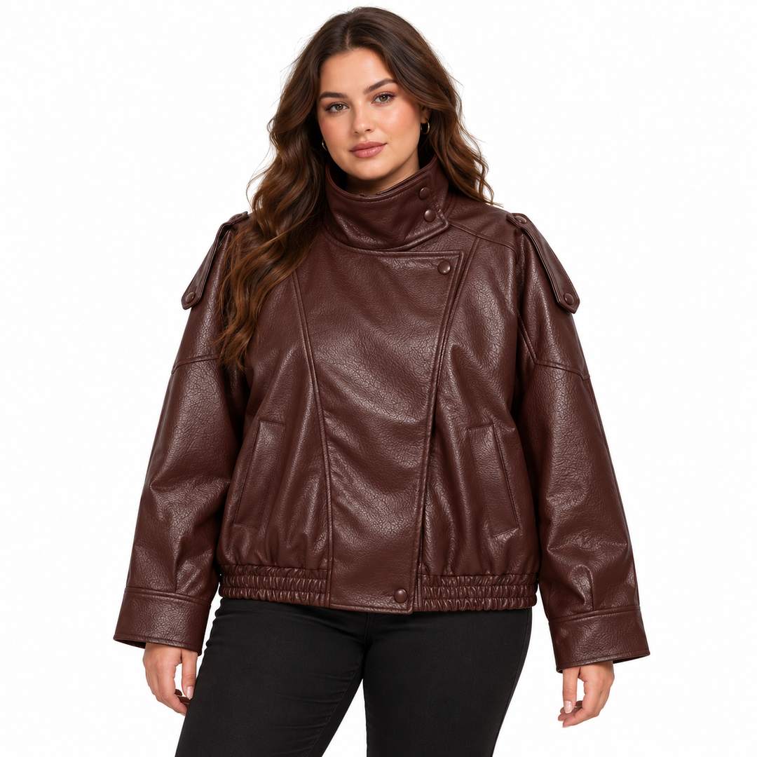Coffee Brown plus size faux leather jacket on a white background, front view showing the stand collar and angled zip closure.