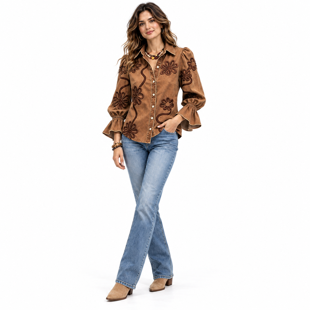 Caramel embroidered shirt front three-quarter view