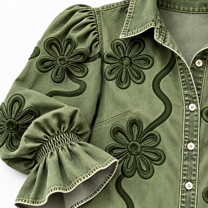 Moss embroidered shirt embroidery and cuff detail