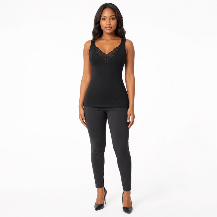 Plus size lace tank top for women in black with V-neck lace detail shown front view on adult model