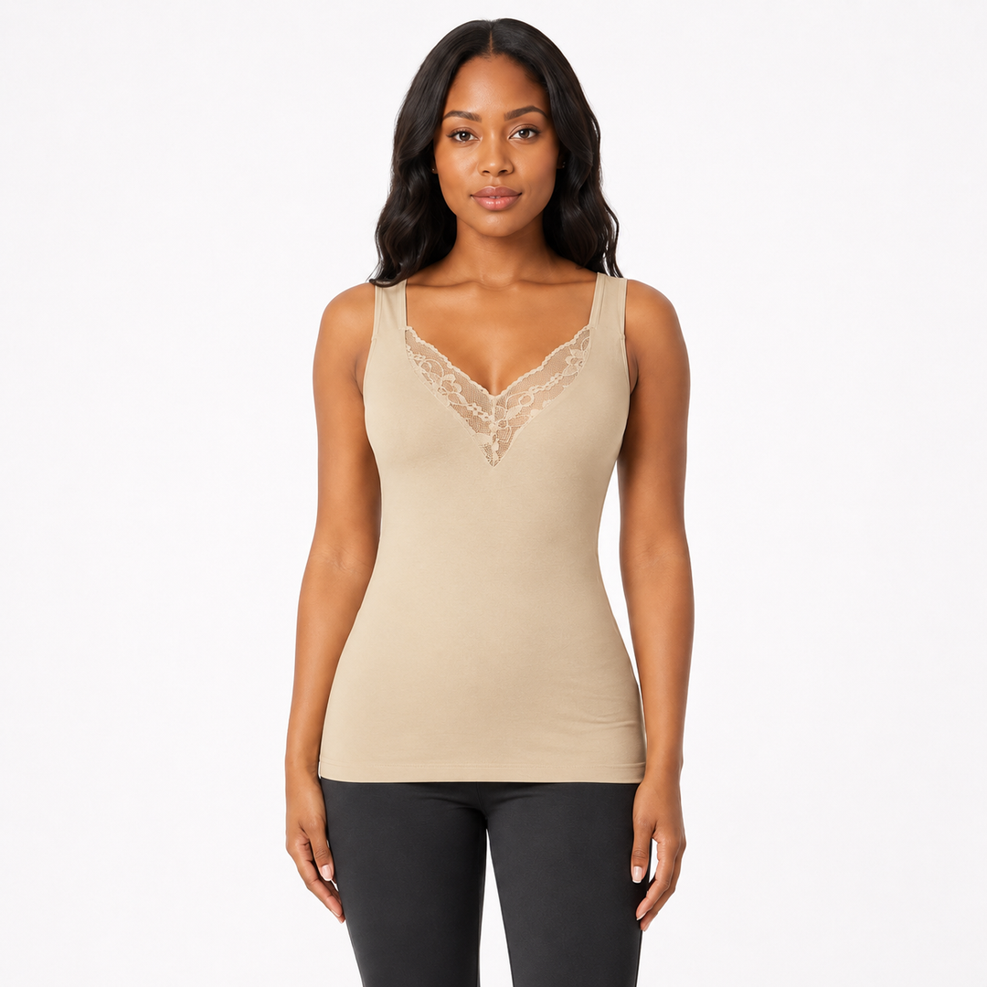Plus size lace tank top for women in khaki shown on adult model with fitted stretch silhouette and lace V-neck
