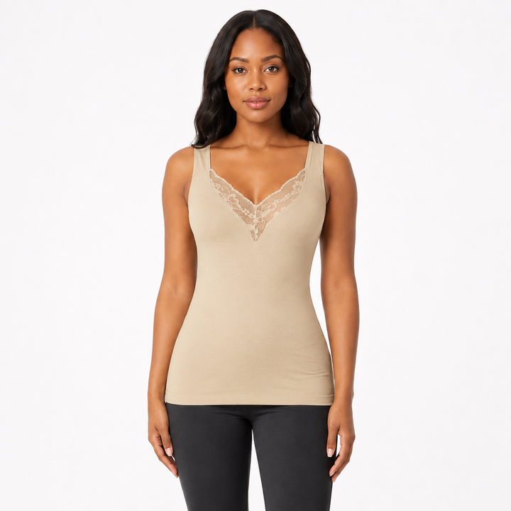 Plus size lace tank top for women in khaki shown on adult model with fitted stretch silhouette and lace V-neck