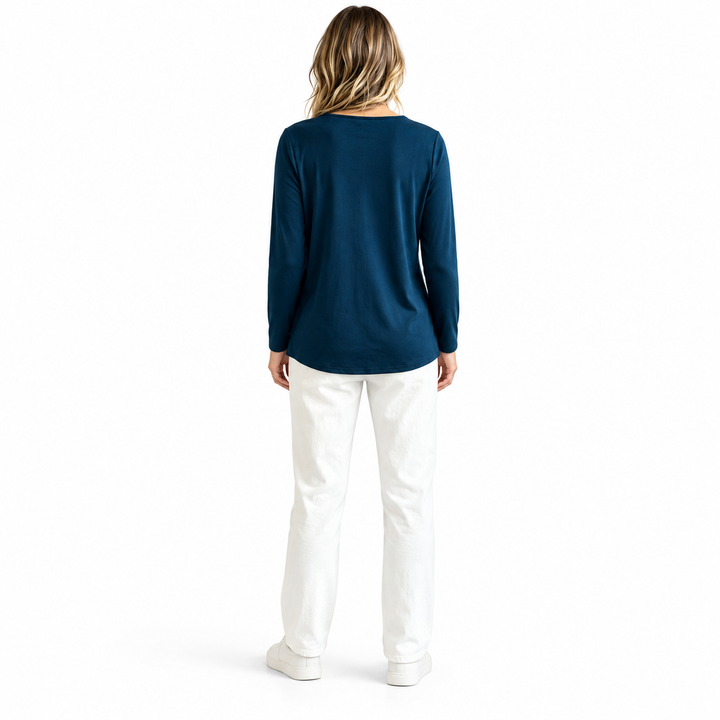 Navy top shown from the back
