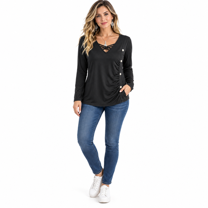 Dark gray top styled with blue jeans