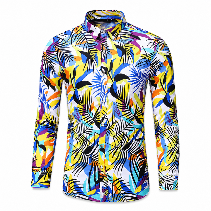 Plus size floral shirts for men shown in multicolor tropical print, front view on white with long sleeves and button placket.