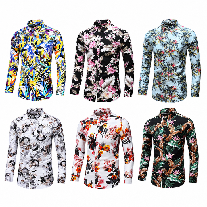 Six verified floral and tropical shirt designs displayed together on white to compare available style options and print look.