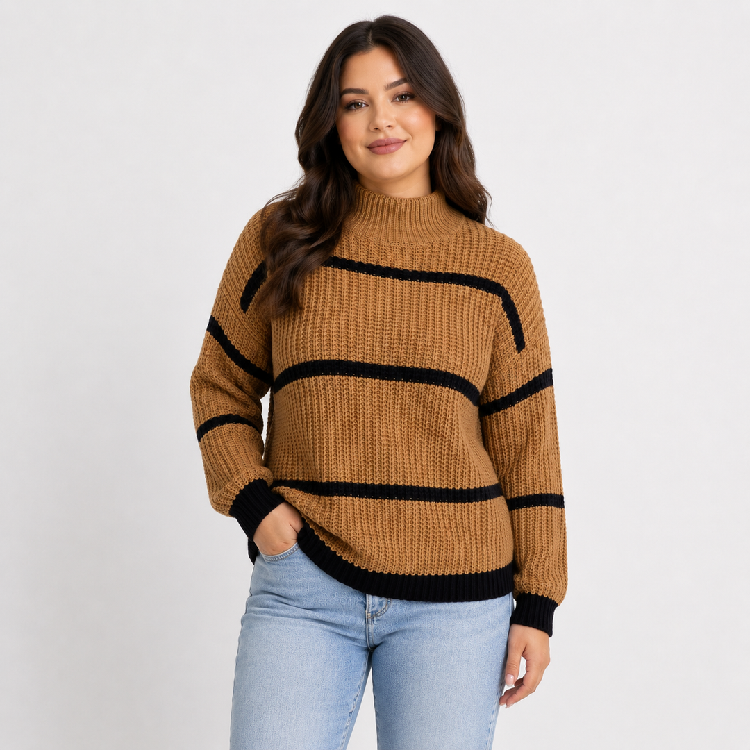 Brown striped mock-neck sweater shown on a female model with a natural build, black ribbed trim, and light-wash jeans.