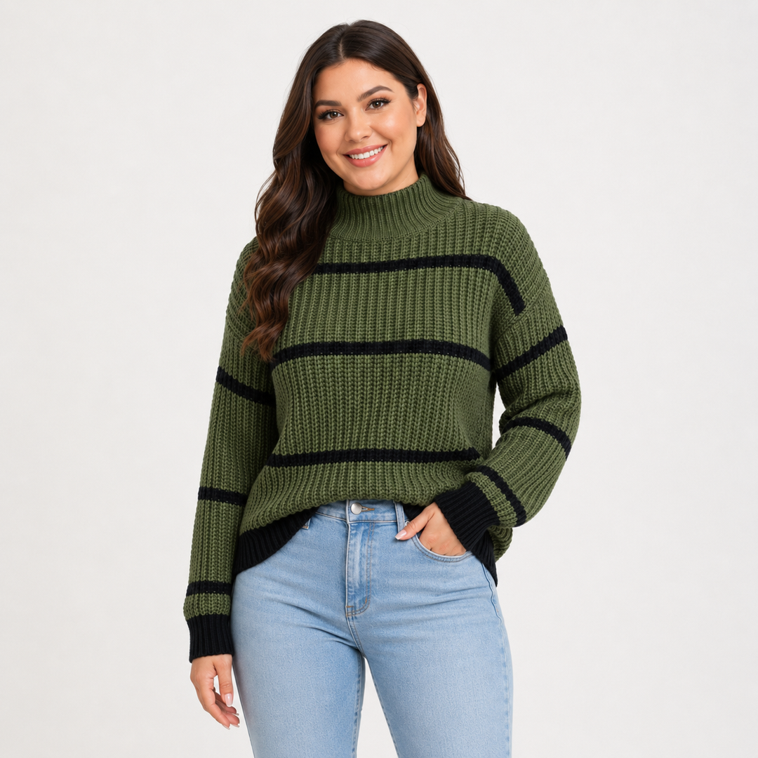 Green striped mock-neck sweater shown on a female model with a natural build, black ribbed trim, and light-wash jeans.