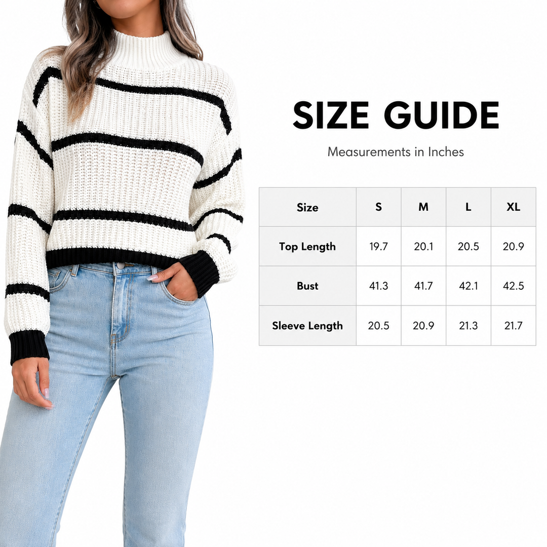 Size guide for the striped mock-neck sweater with verified S to XL measurements shown beside the white sweater model.