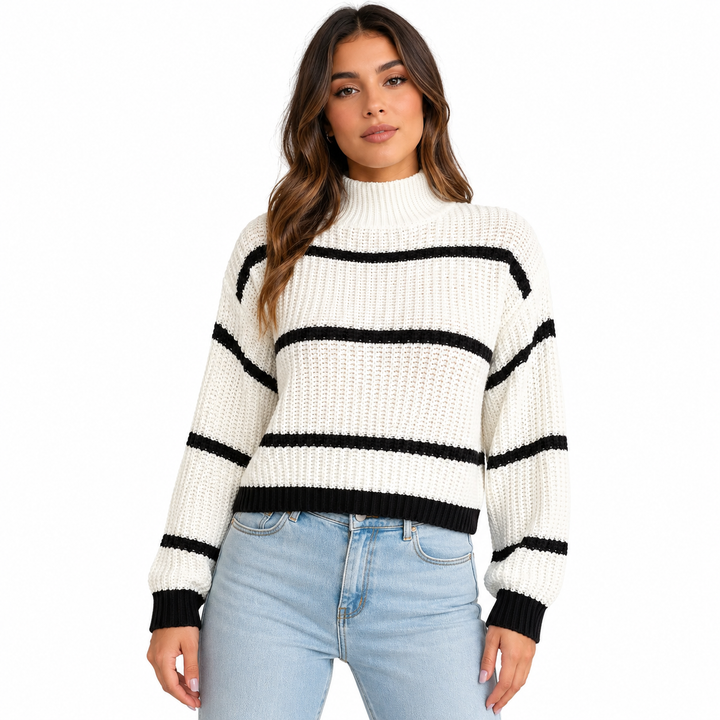 Plus-Size Striped Mock-Neck Sweater in white shown on a female model with black stripes, ribbed trim, and clean studio styling.