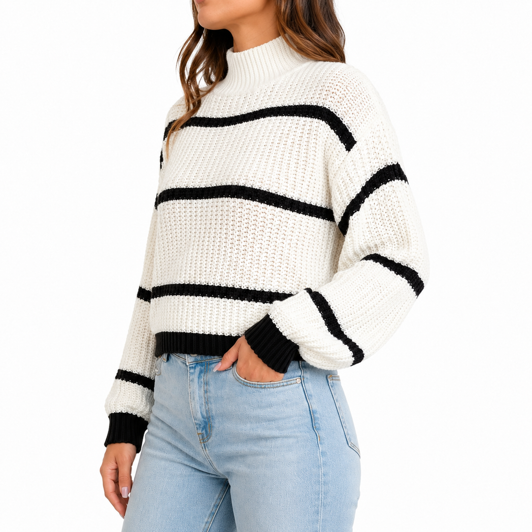 White striped mock-neck sweater shown in a side fit view with sleeve volume, cropped length, and ribbed trim clearly visible.