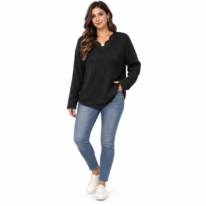 Plus size V neck sweater in black with lace trim, full-body front styling
