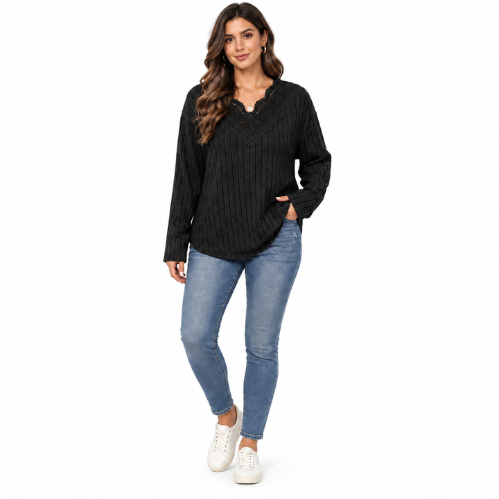 Black ribbed lace V-neck sweater on model, front view
