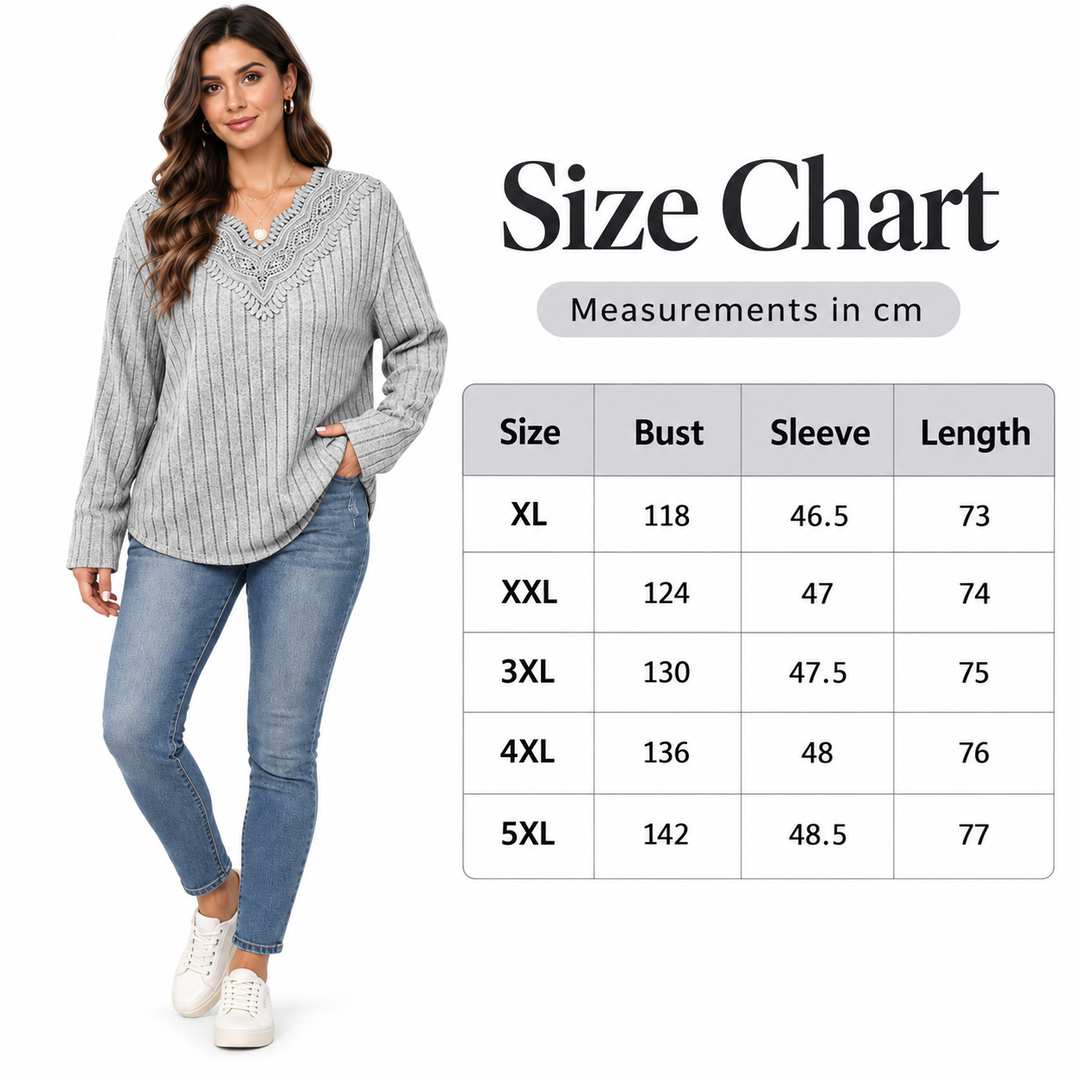 Sweater size chart in centimeters beside model wearing gray