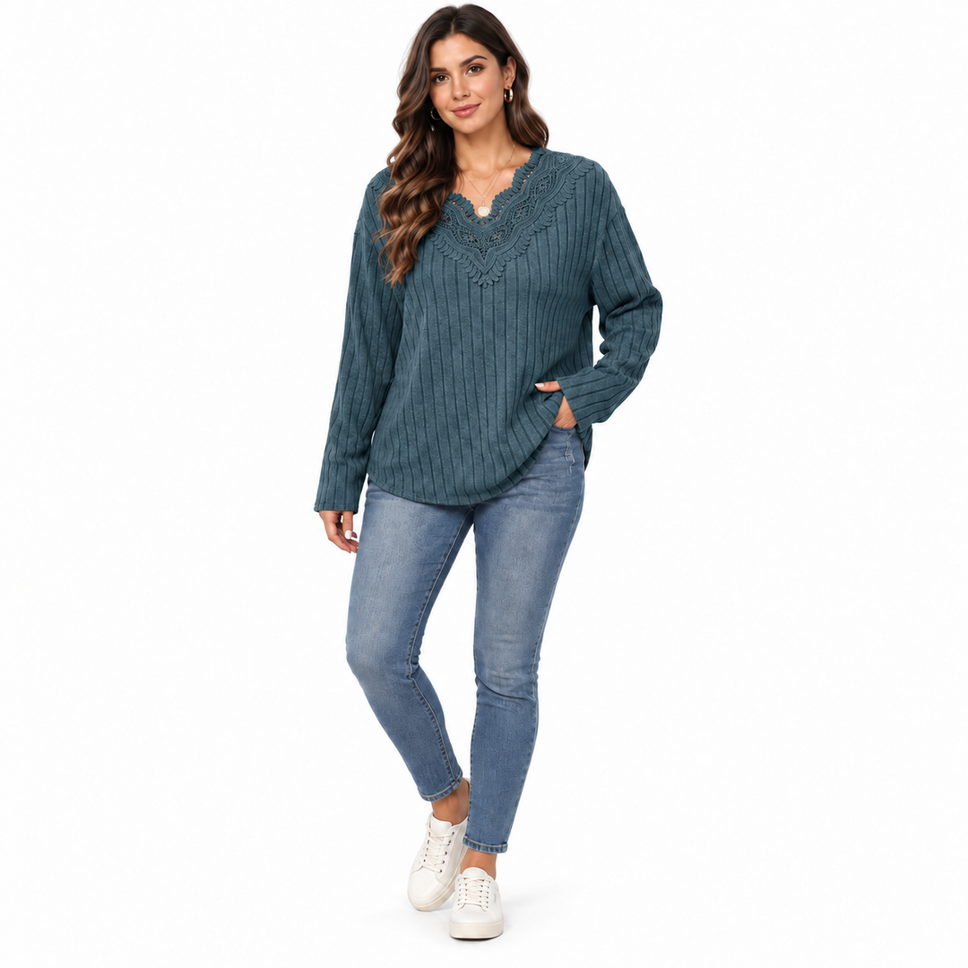 Blue ribbed lace-trim sweater on model, front view